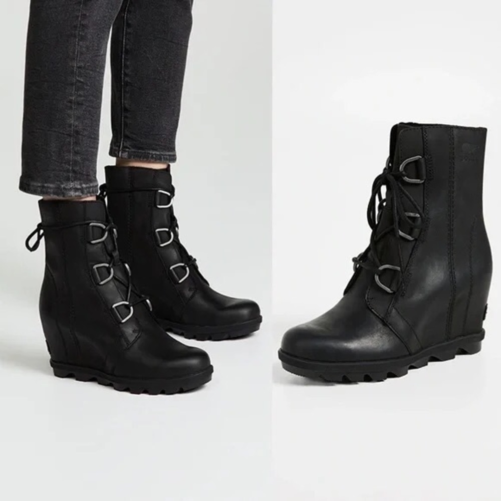 Sorel • Joan of Arctic mid wedge II lace up boots ankle black leather waterproof